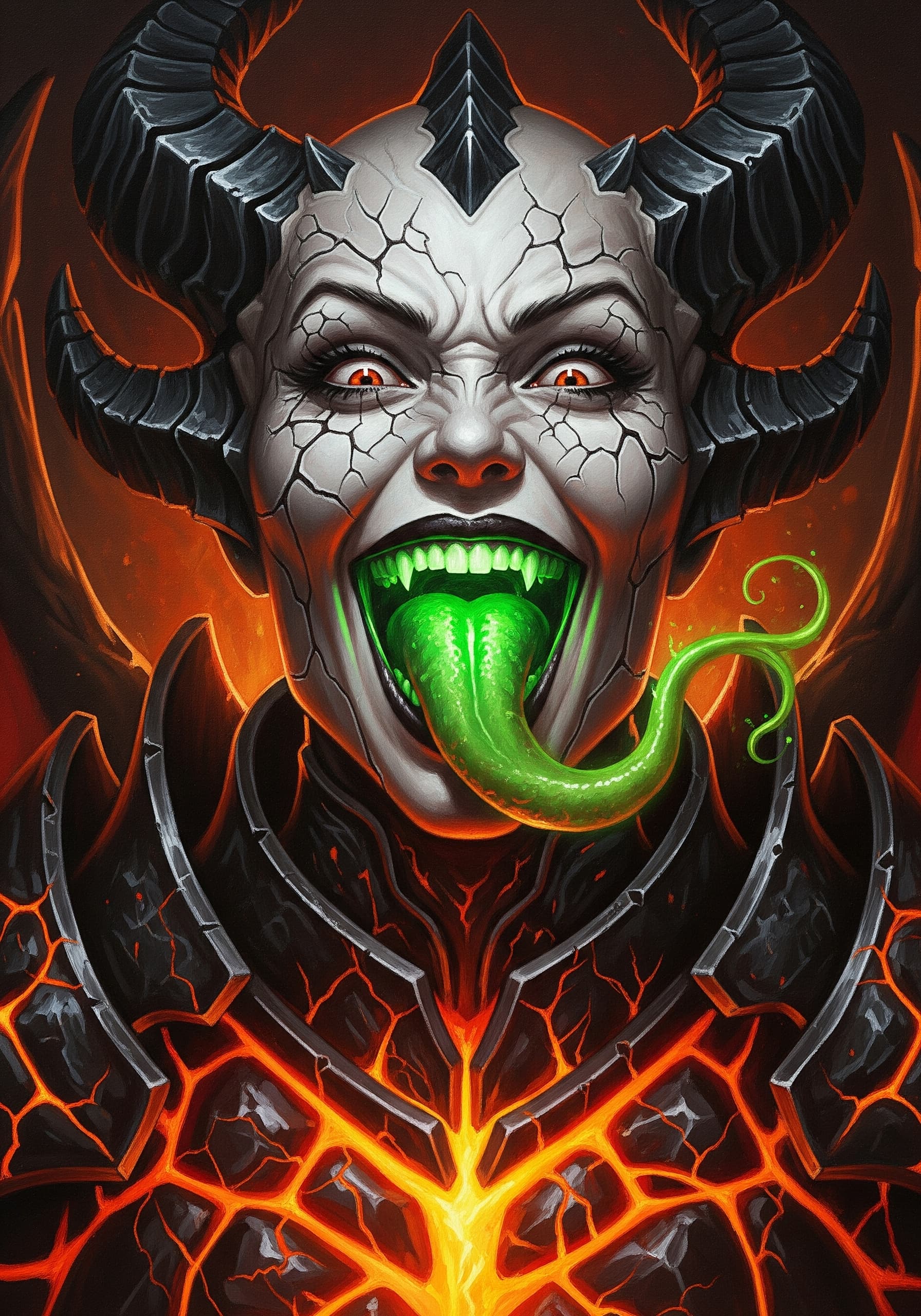 AI generated: A powerful close-up portrait of the Black Dragon Princess, rendered in the style of a rough, impasto...