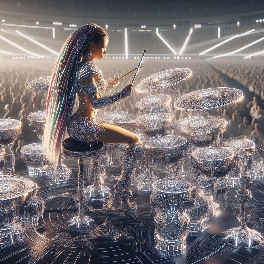 AI generated: Futuristic tribal human female drummer with very long hair, wearing a intricate fibreoptic shorts an...