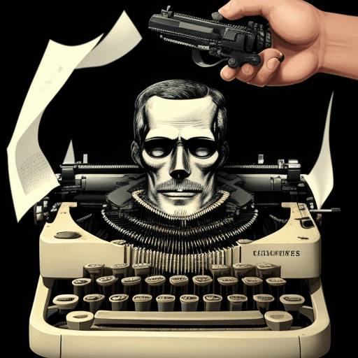 AI generated: illustration of a typewriter mixed with a gun, shooting a man's head, black background with poor lig...