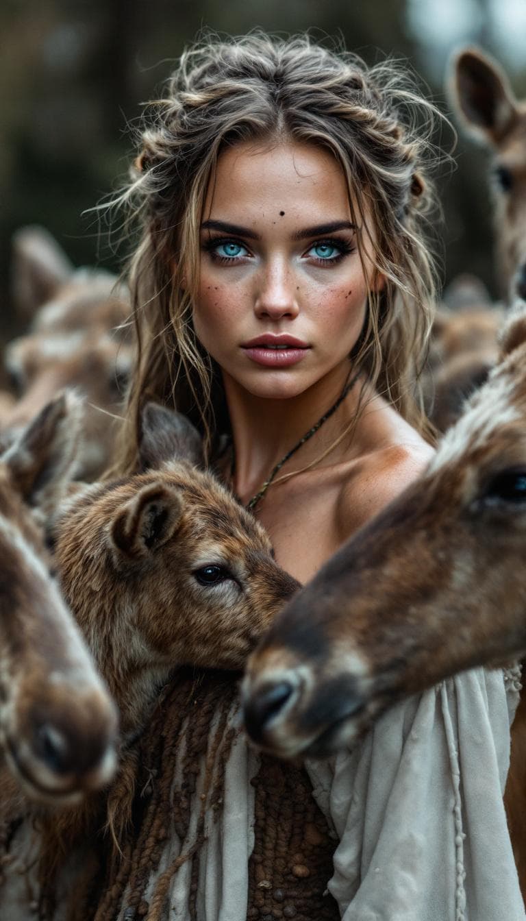 AI generated: incredibly beautiful Norwegian woman blue eyes, long eyelashes, mascara black eye liner, freckles. w...