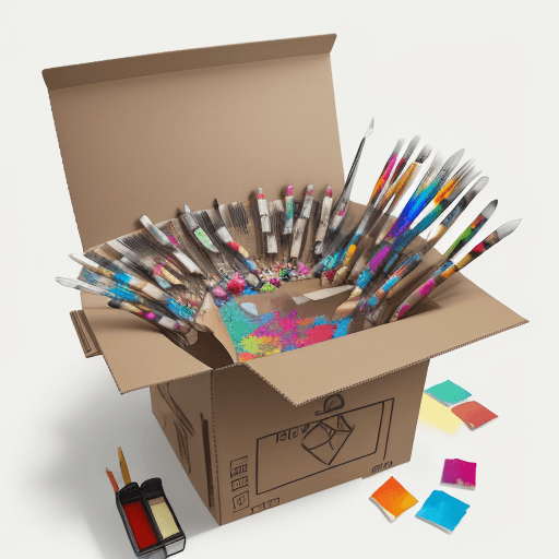 AI generated: realistic picture of a box that is filled with colored transparent paper, painting knife, color pigm...