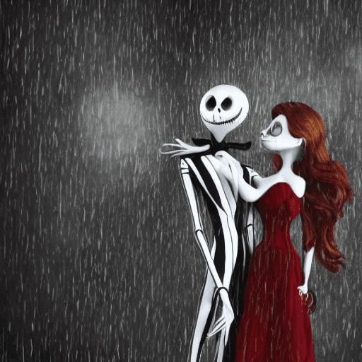 AI generated: jack skellington as a male holding sally, surreal masterpiece of a gothic love, lust, gothic enchant...