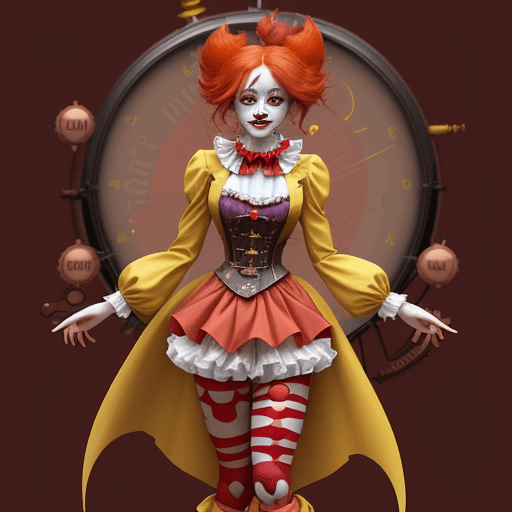 AI generated: a woman dressed as a clown with red hair, in the style of magical girl, colorful moebius, light yell...