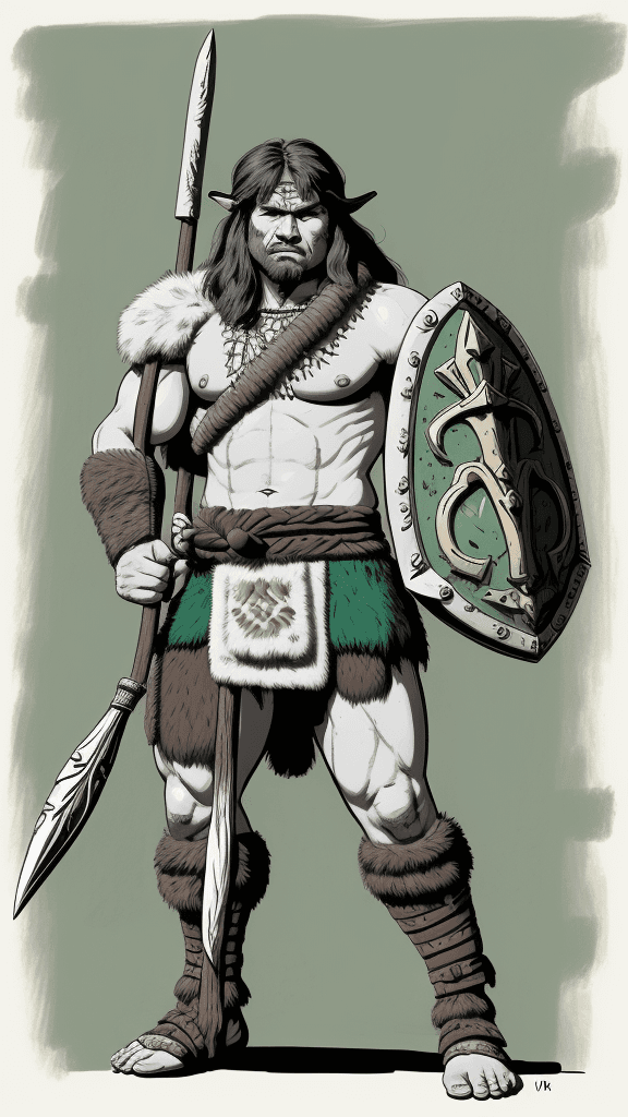 AI generated: a drawing of a barbarian with shield and club, in the style of adventure pulp, dark white and bronze...