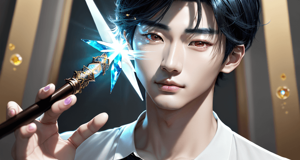 AI generated: beautiful Korean man, with black short hair and brown eyes, white shirt, hold Magic wand, crystal wa...