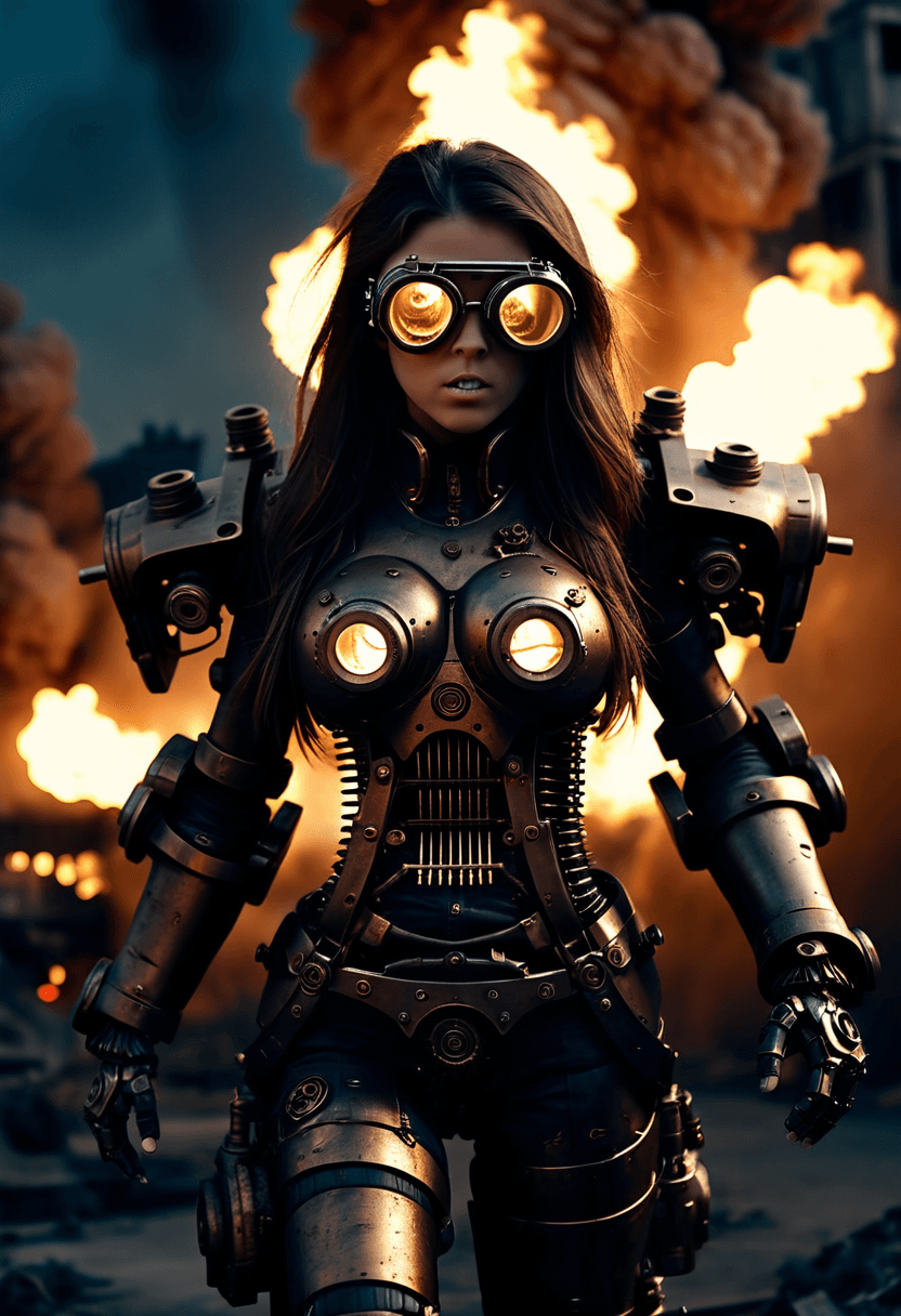 AI generated: woman, long brunette hair, steampunk mechanical mech suit, gears, gauges, goggles, walking through a...