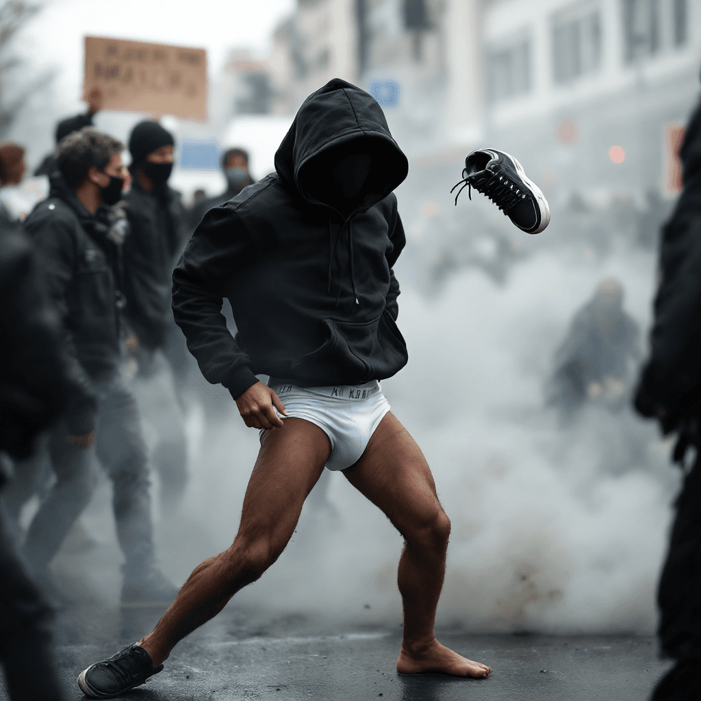 AI generated: High resolution photography of a boy, who is a black block is at a demonstration with his face cover...