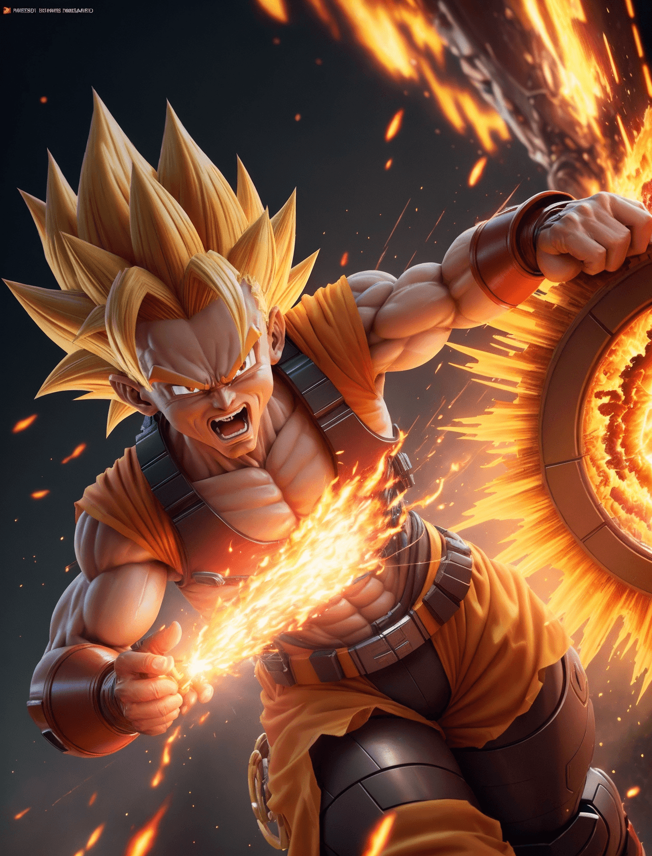 AI generated: Dragonball Z Goku transforms into Super Saiyan in incendiary display of fire enveloping bending to h...