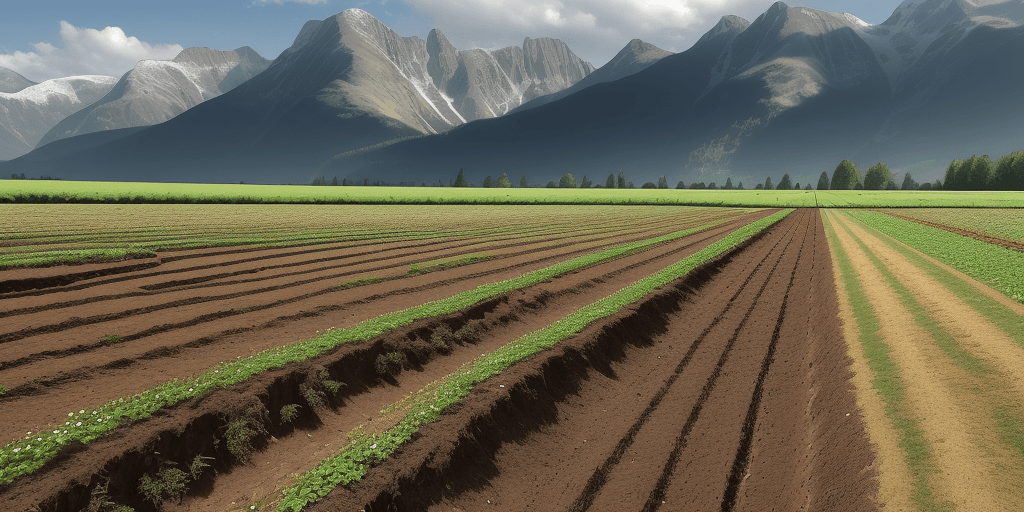 AI generated: flast style a sown field with trenches against the mountains  