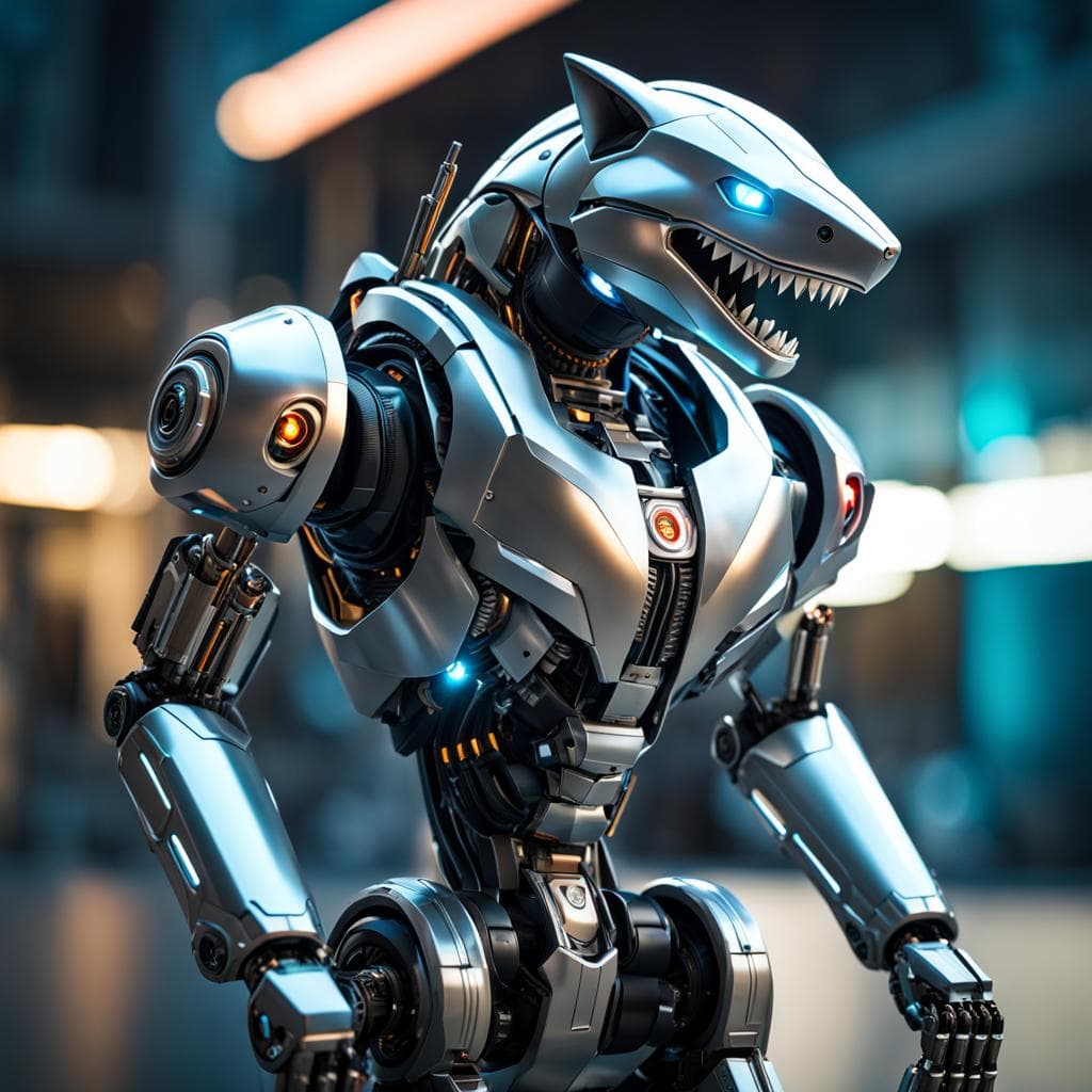 AI generated: cybernetic robot athletic young, robotic arm, robotic leg, robotic armor, robotic face, shark-bear, ...