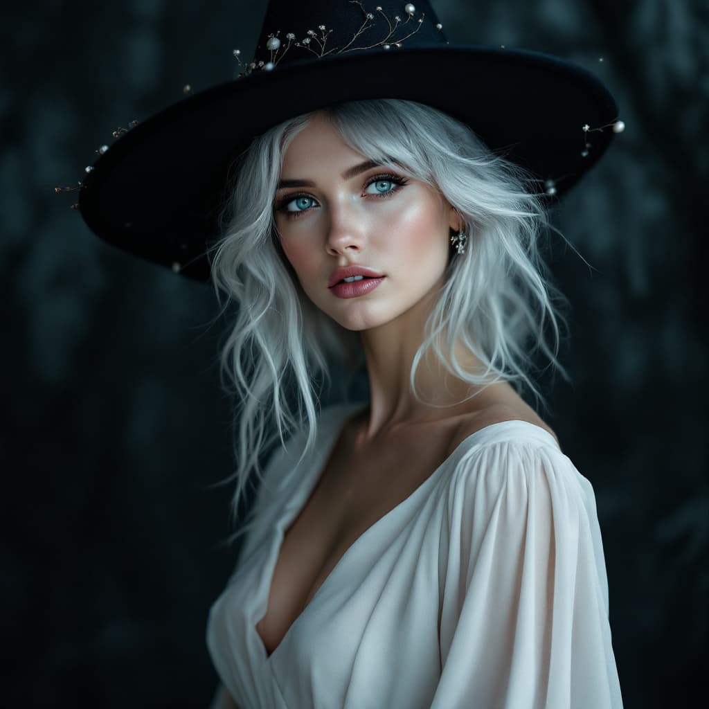 AI generated: Photo portrait of a woman with silver hair, blue eyes, wearing a white elegant chic dress and a witc...