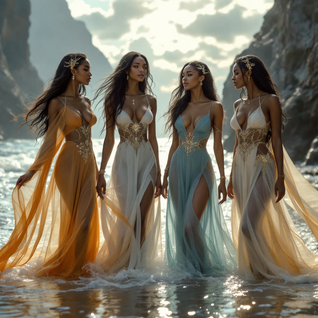 AI generated: Ultra-high resolution, Hyper-detailed fantasy scene, Four BLACK ethereal women standing gracefully i...