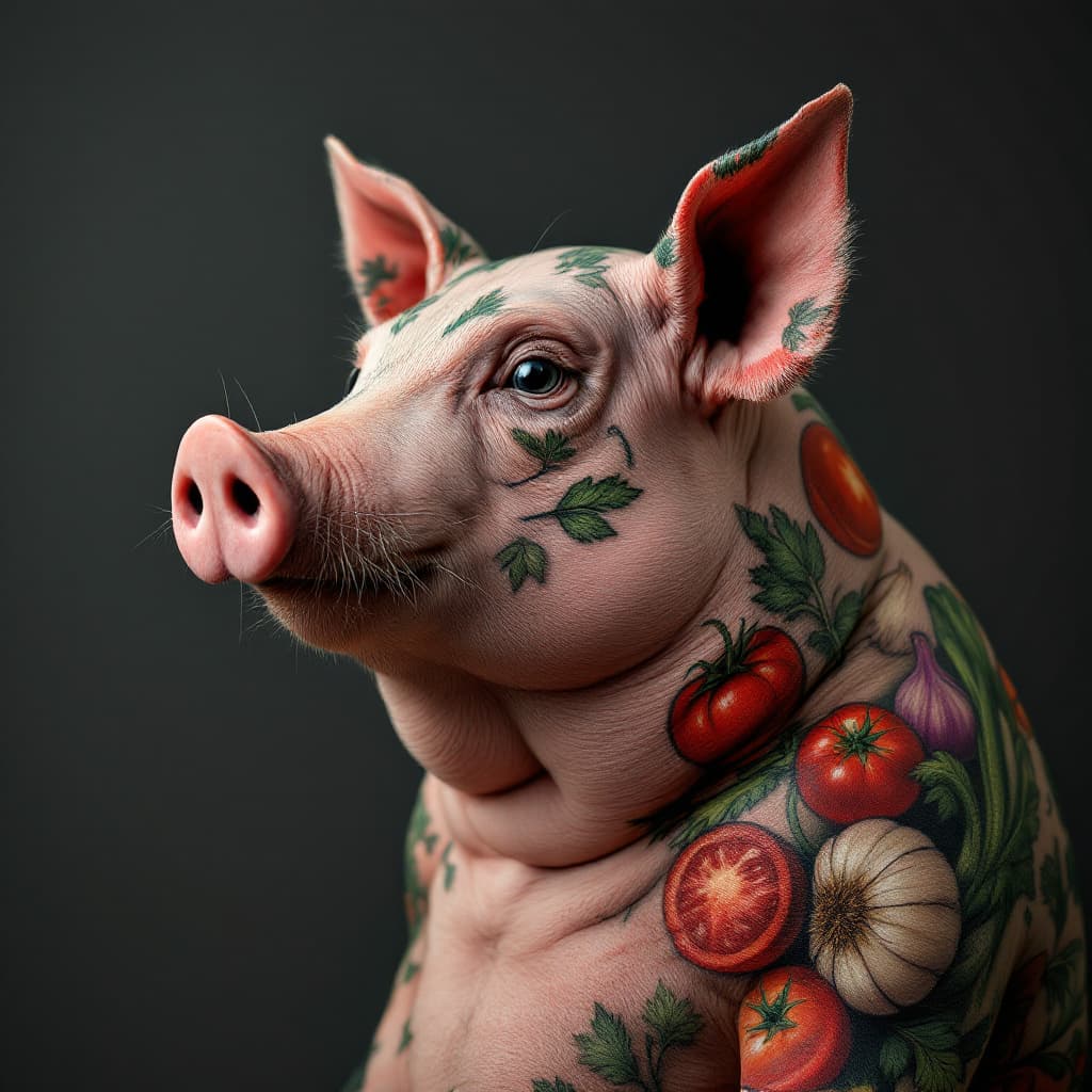AI generated: photo close up, studio portrait, 
 hairless big fat pig thin lines tattooed with tomatos, onions, ce...