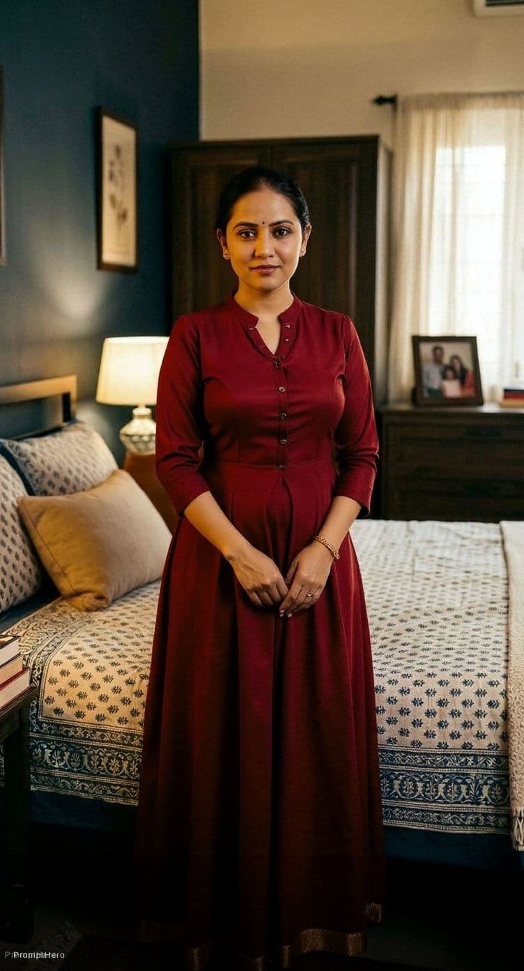 AI generated: Aunty cleavage and navel show by standing 