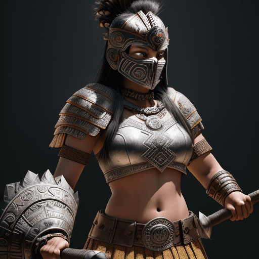 AI generated: female Aztec warrior, wearing a full battle face mask, helm, finely detailed armor, holding Obsidian...