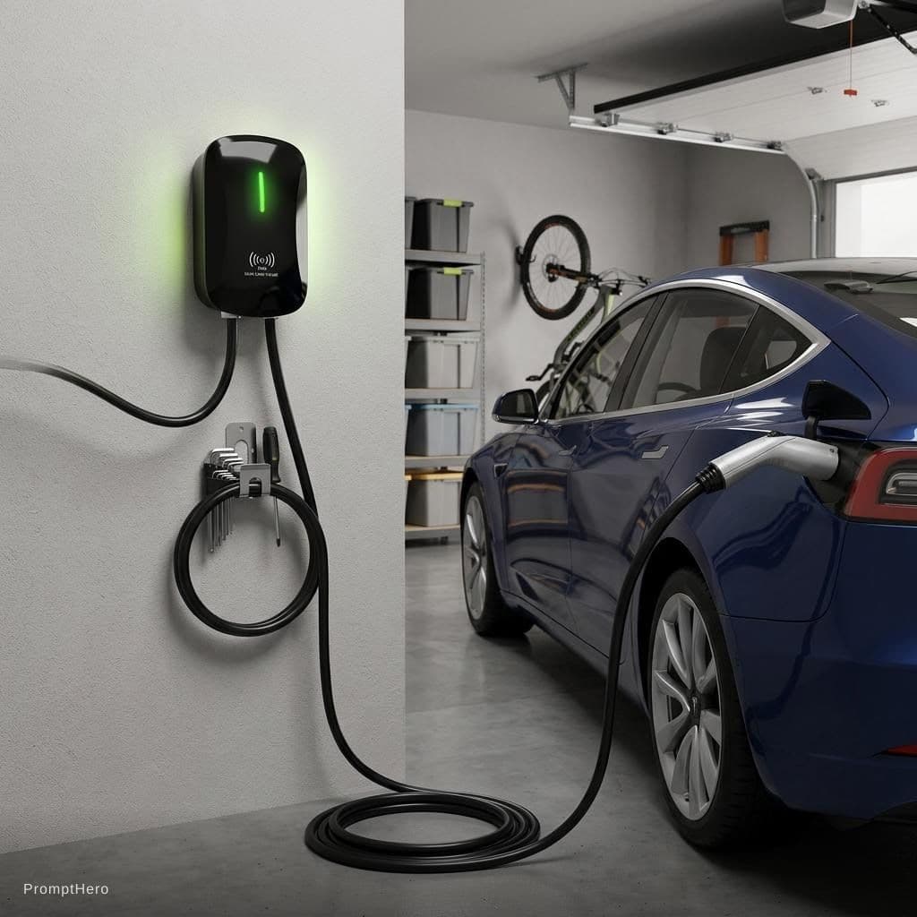 AI generated: the uploaded image is the EV charger to be installed at home. the car inside the garage is on charge...