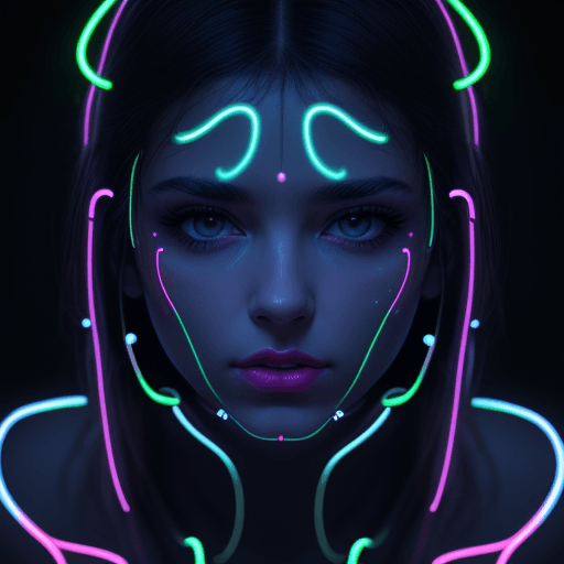 AI generated: neon garland around face woman, close up, neon lights on background, luminescent particles, masterpi...