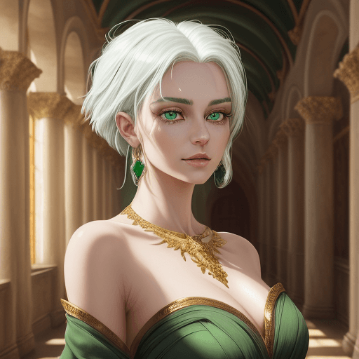 AI generated: Beautiful girl in full growth, in a green dress, with expensive jewelry, white hair, medium build, w...