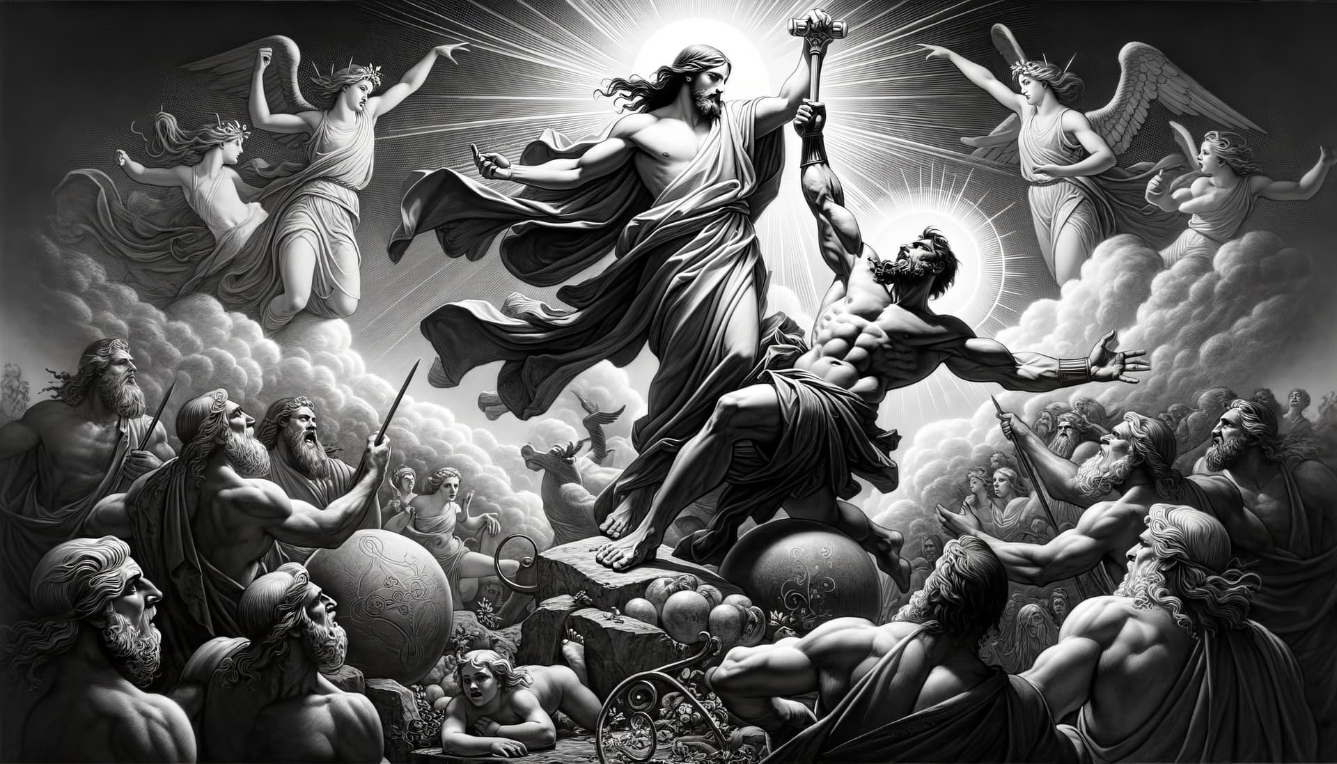 AI generated: A grand allegorical painting depicting a contest of miracles between Jesus and Hercules, set in an a...