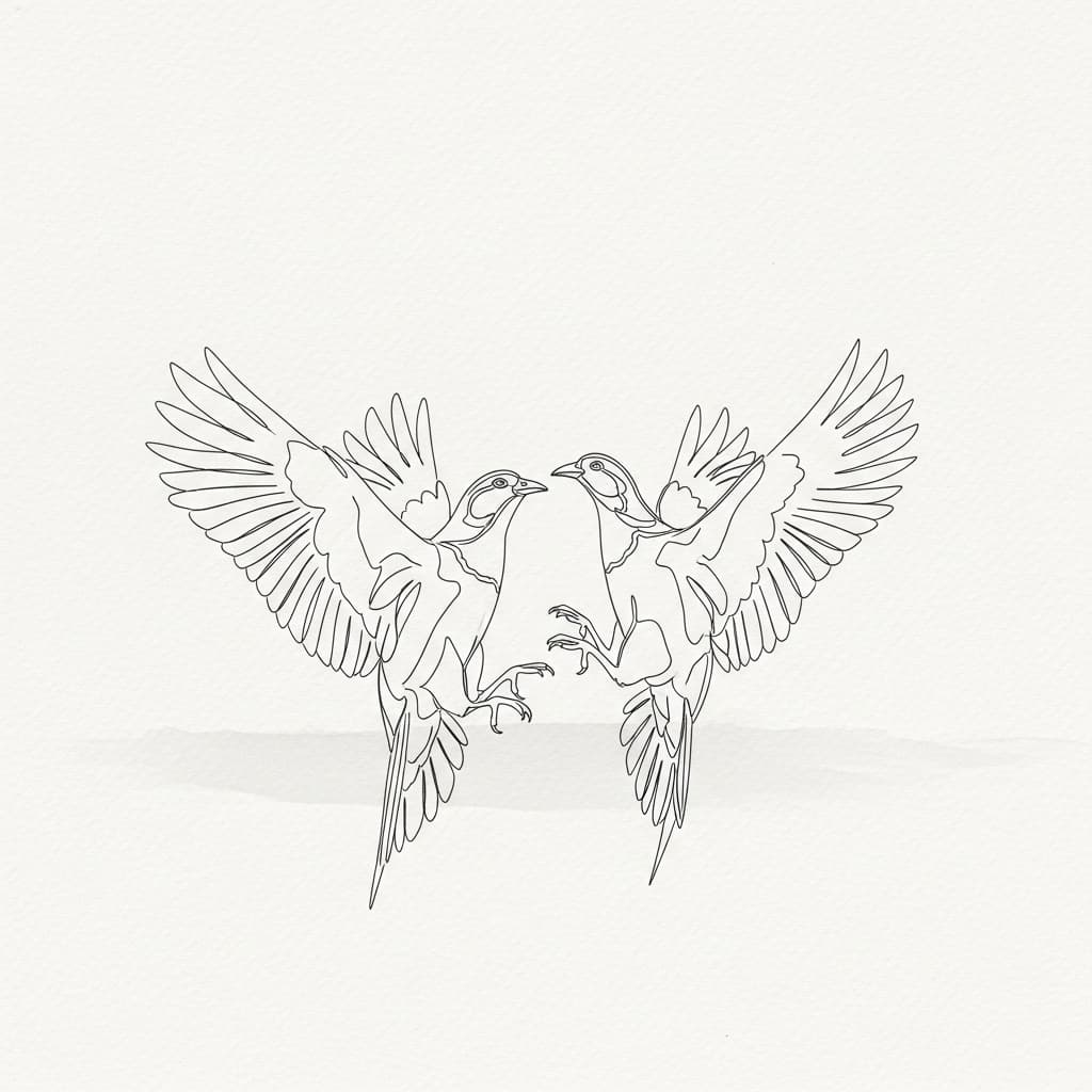 AI generated: A minimalist sketch of two gamefoul birds engaged in combat mid air, delicate, very basic line drawi...