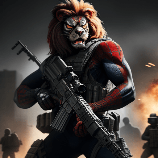 AI generated: Battle-scarred angry spiderman lion army wearing black ops uniform, holding carbine rifle, anthropom...