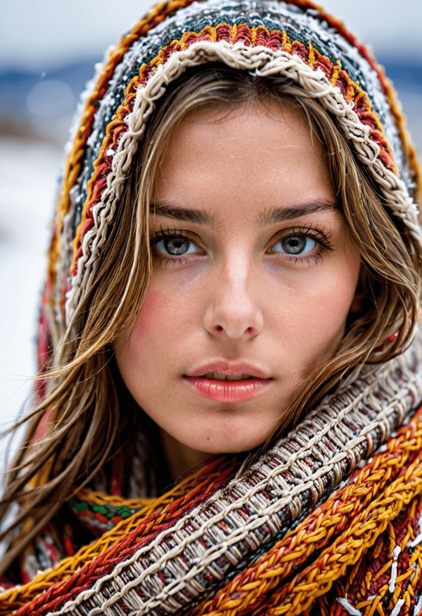 AI generated: HDR photo of extreme close-up of a woman wrapped in a brightly colored heavy scarf, brunette hair wi...