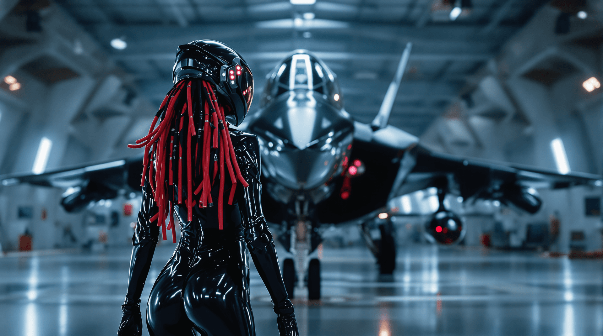 AI generated: A futuristic theam, full figure posing/shot, She's standing in the middle of a futuristic hangar loo...