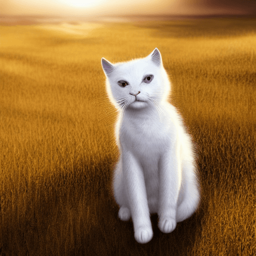AI generated: photo of a ultra realistic white cat, wearing a yellow sweter, cowboy hat, dramatic light, pale sunr...