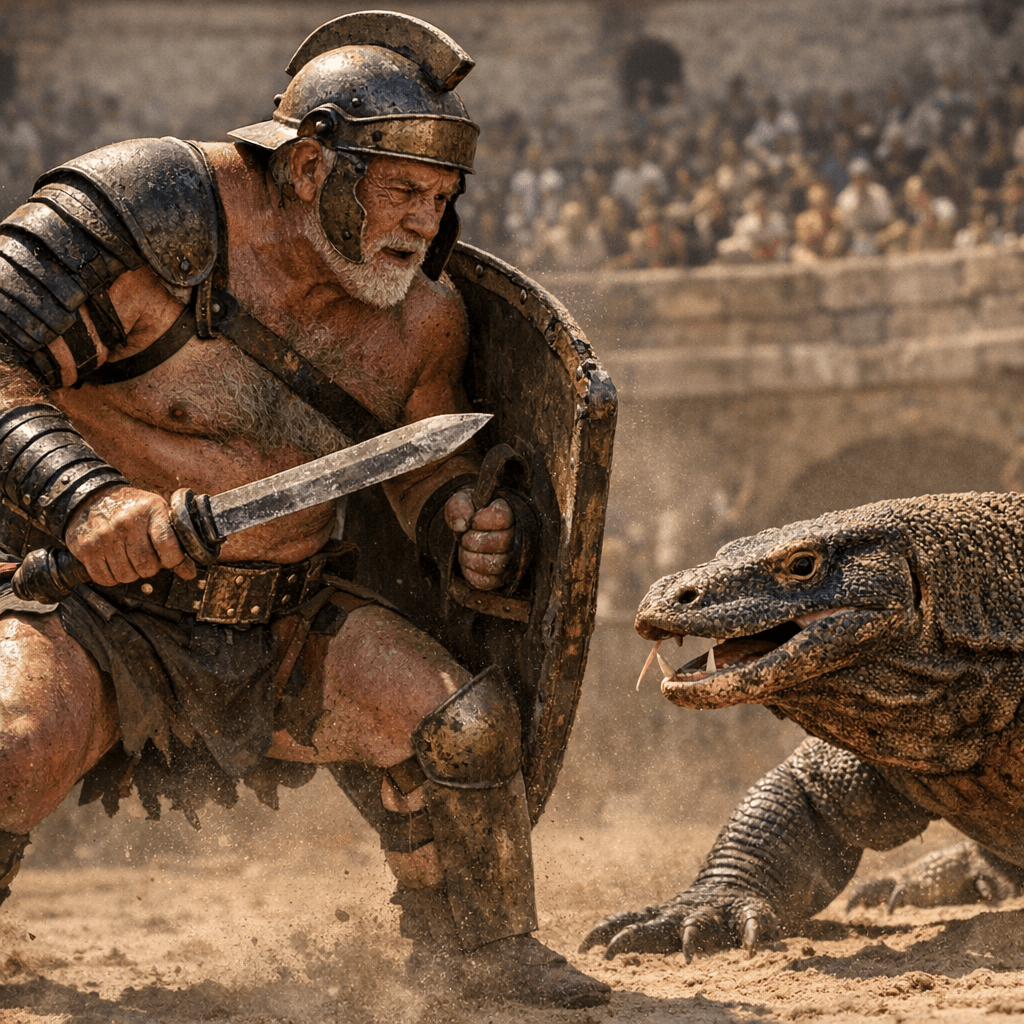 AI generated: Ultra-realistic documentary-style action photography inside the Roman Colosseum, bathed in warm gold...