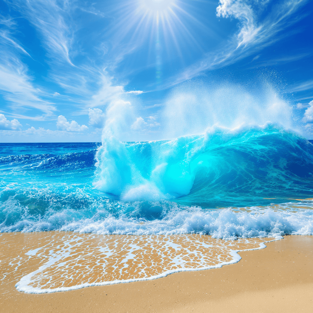 AI generated: UNA IMAGEN DEL MAR MUY AZUL TUMULTUOSO CON GRANDES OLAS ,SOL DE FONDO COLORES BRILLANTES , FOTO PROF...