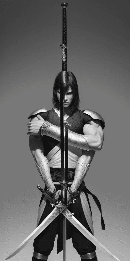 AI generated: holding long sword in both arms
