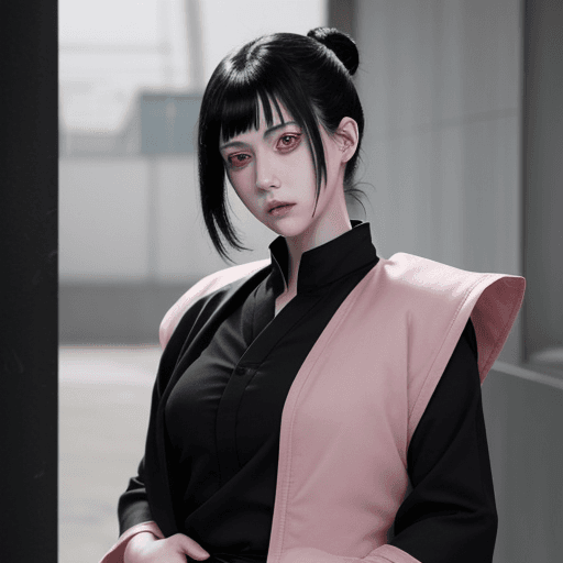 AI generated: mappa, jujutsu kaisen, girl with black hair, pink eyes, pale skin, 