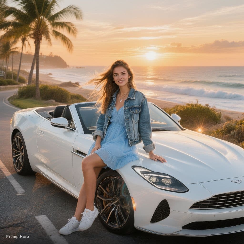AI generated: A stylish young woman posing beside a white luxury convertible car parked on a scenic beachside road...