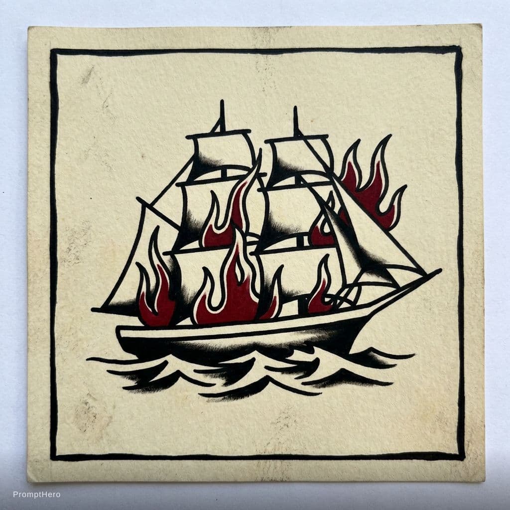 AI generated: An old school traditional tattoo flash design, horizontal profile of a simple sailing ship. Thick bo...