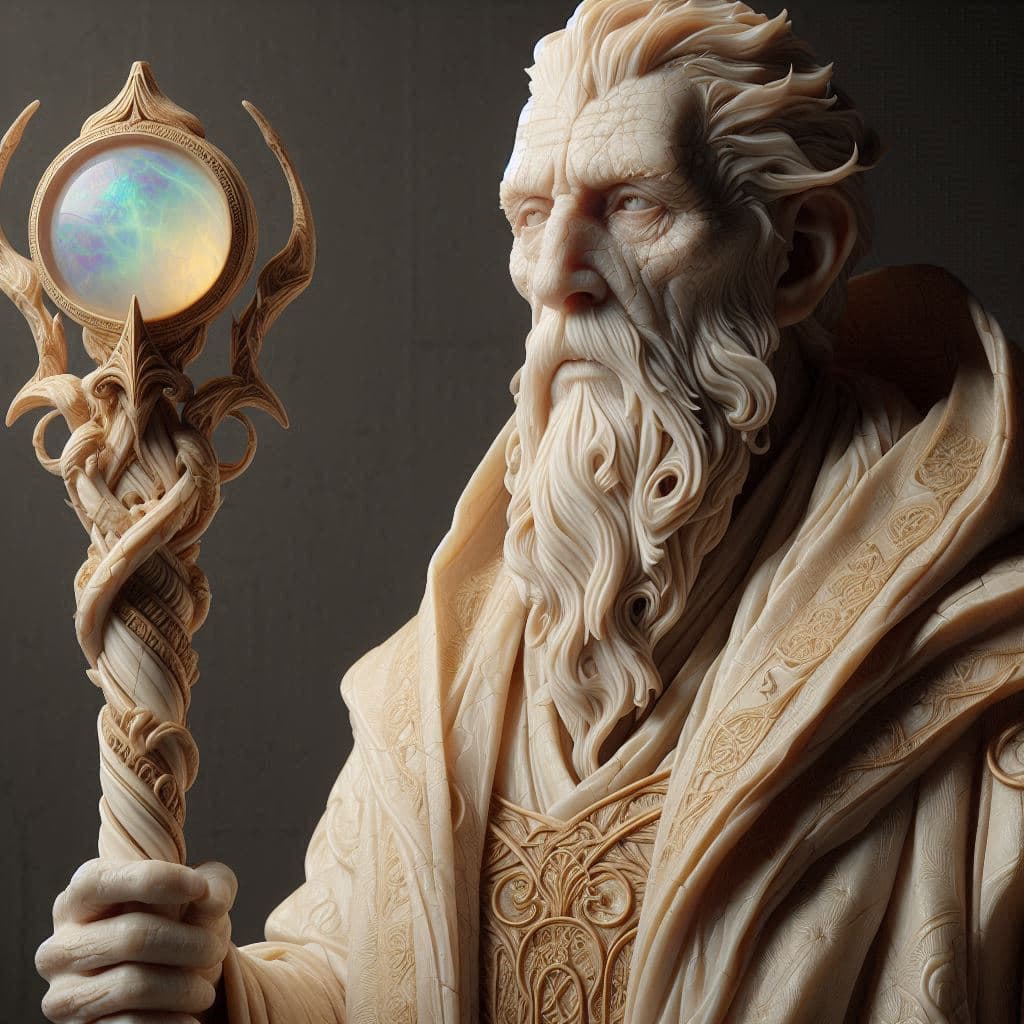 AI generated: A hyper-realistic 3D character of an ancient sage, his body sculpted from smooth, polished ivory, wi...