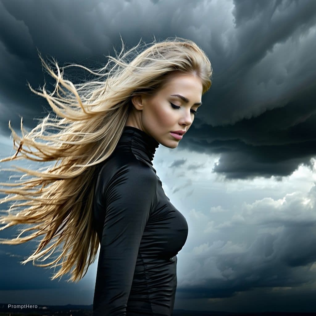 AI generated: A photorealistic portrait of a topless woman with long, flowing blonde hair, dramatically swept acro...
