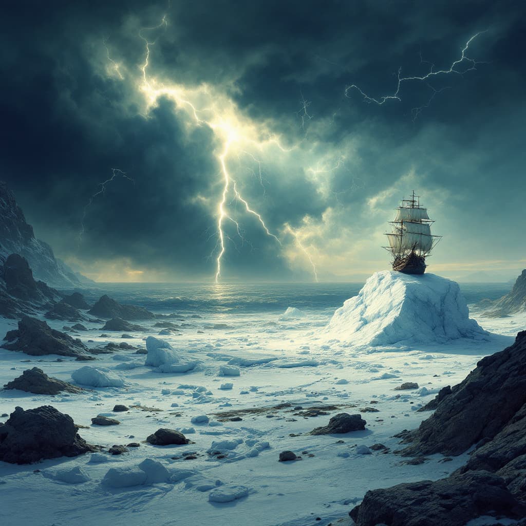 AI generated: snow  cube , on the desert floor, there is a monstrous storm inside with a galleon as the ocean is s...