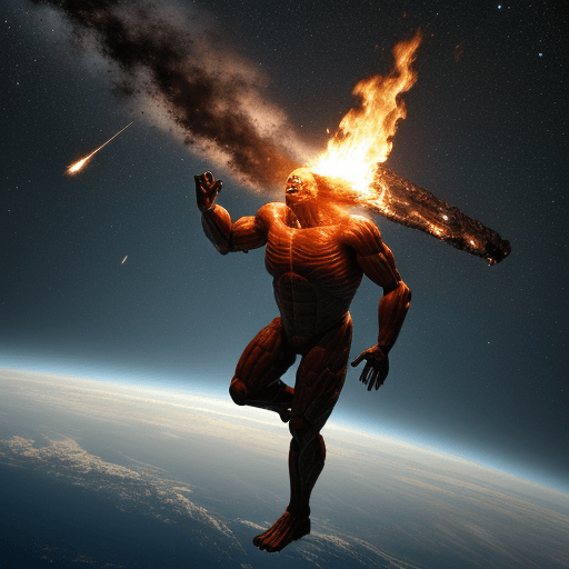 AI generated: An giant humanoid protecting the Earth from a fire Meteor