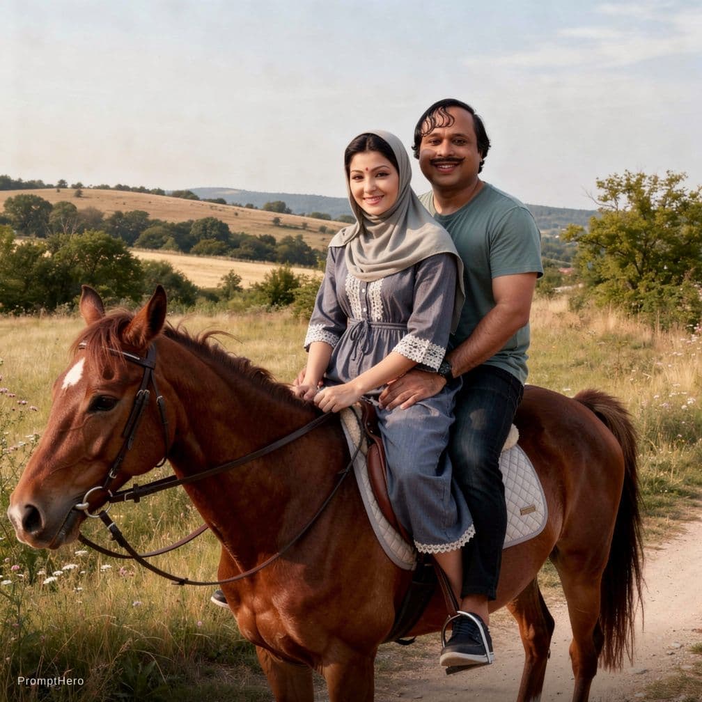 AI generated: horseback riding on same horse together while girl seat ahead and boy seat back in clothes shown in ...