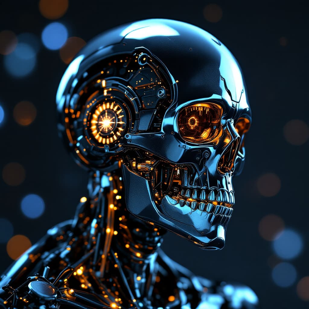 AI generated: A highly detailed, photorealistic rendering of a chrome skull cyborg, intricate mechanical details, ...