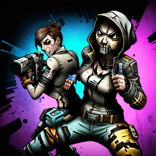 AI generated: High resolution background image borderlands boss style with splashes buildungs guns and bullets