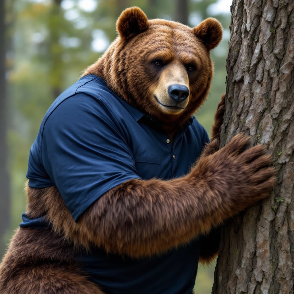 AI generated: Photo of a big, ultra realistic, costume-like grizzly bear named Bobo wearing a solid, silky Navy bl...
