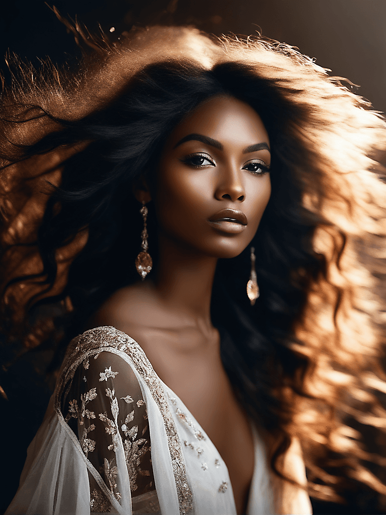AI generated: amazing background, breathtaking bohemian black model, white, motion, award-winning art photograph, ...