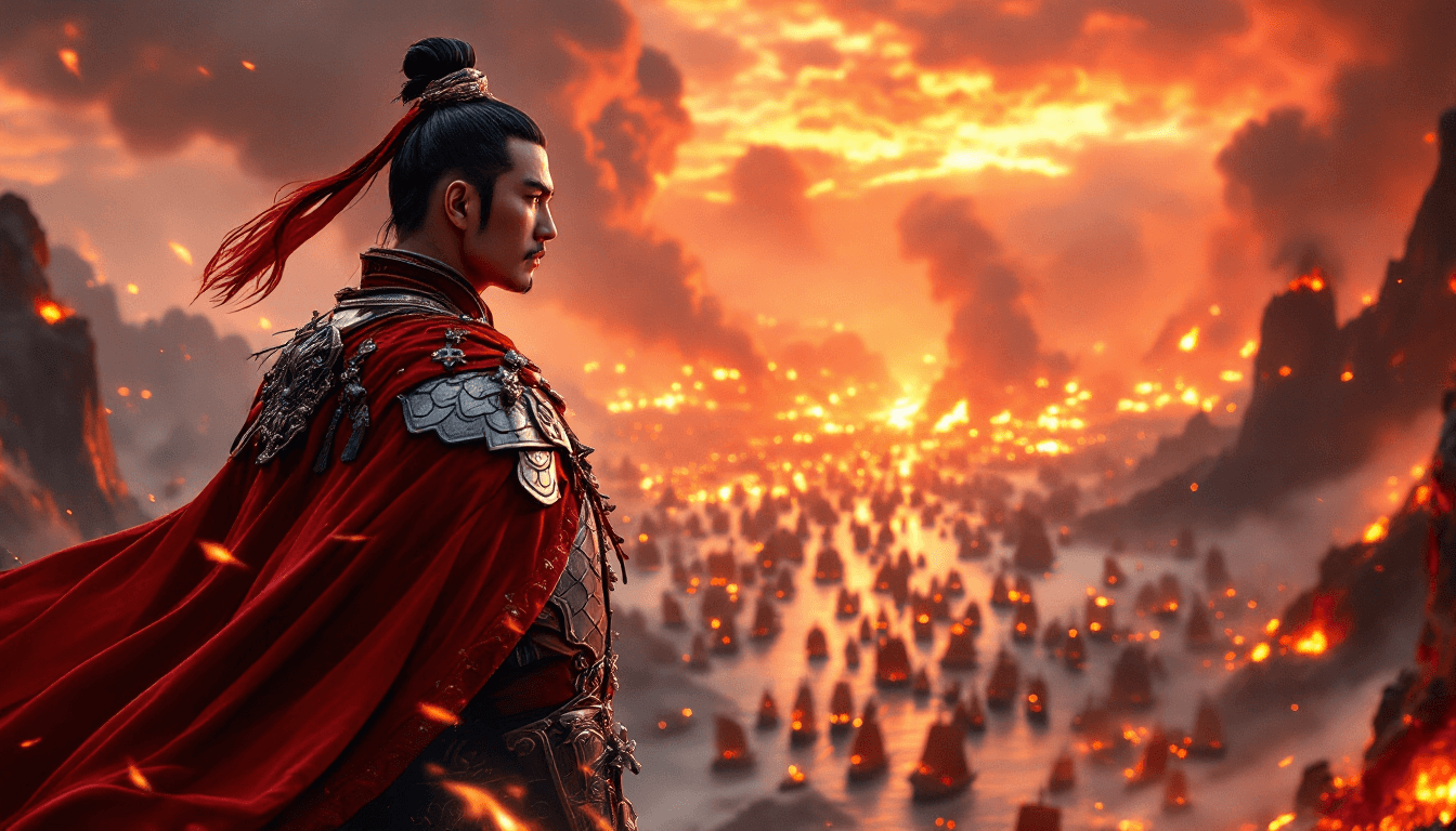 AI generated: A legendary Chinese general standing on a high cliff above the Yangtze River during the Battle of Re...