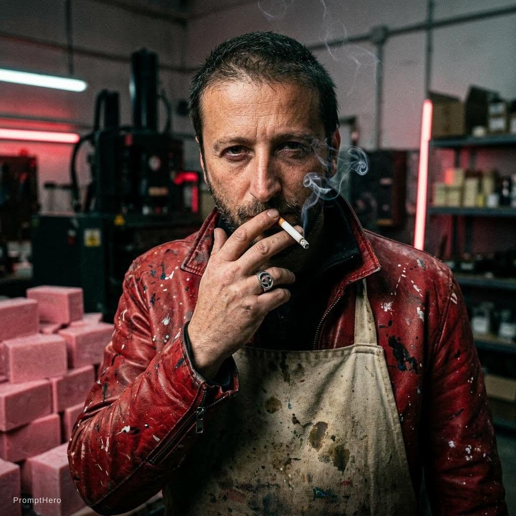 AI generated: A highly detailed, cinematic portrait of The reference photo, featuring a gritty, industrial aesthet...