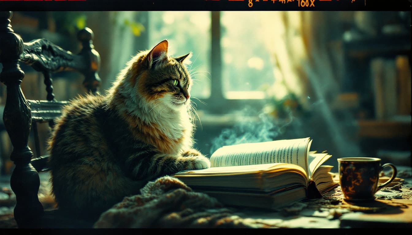AI generated: Wise Cat reading an ancient book, polaroid cam