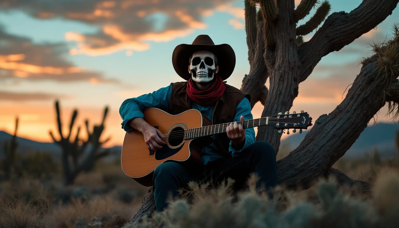 AI generated: Estilo: western. Escenario: desierto al atardecer con cactus. 
Un hombre con una guitarra está apoya...