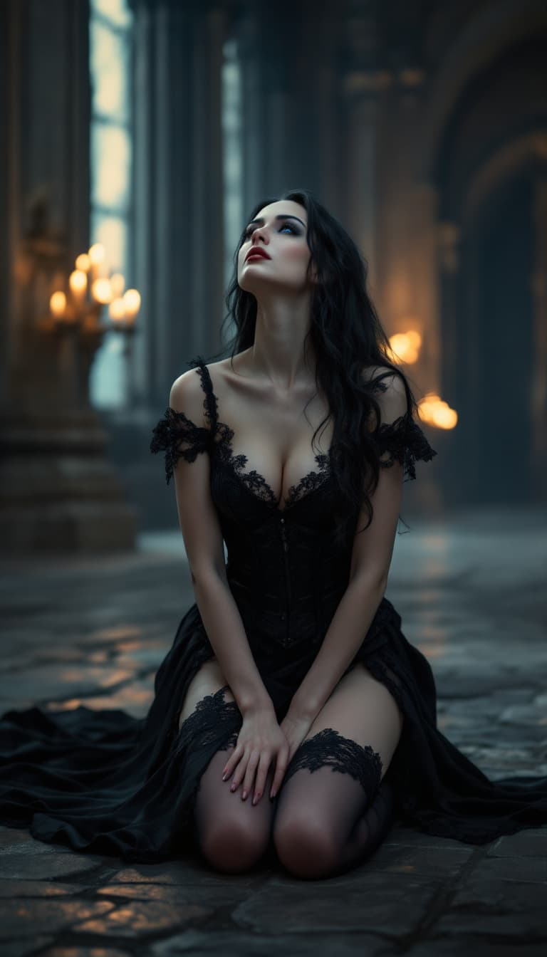 AI generated: "A cinematic scene of Alina Dreymore, a mysterious noblewoman in her early thirties, kneeling gracef...