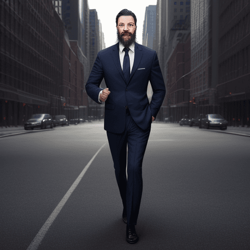 AI generated: RAW photo, photo of a good-looking man in realistic photo of a man in a navy blue suit, walking alon...
