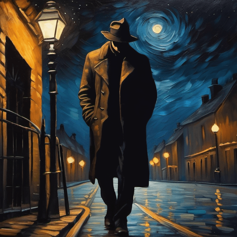 AI generated: an oil painting of a male murderer silhouette on the street, style of van gogh, starry night vibes, ...